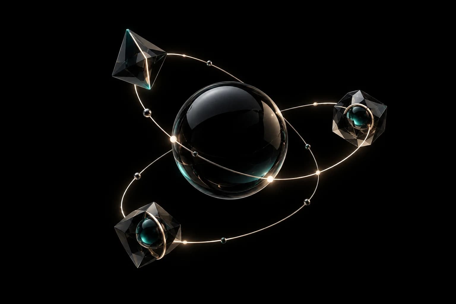 Connected obsidian cores representing coordinated AI agents